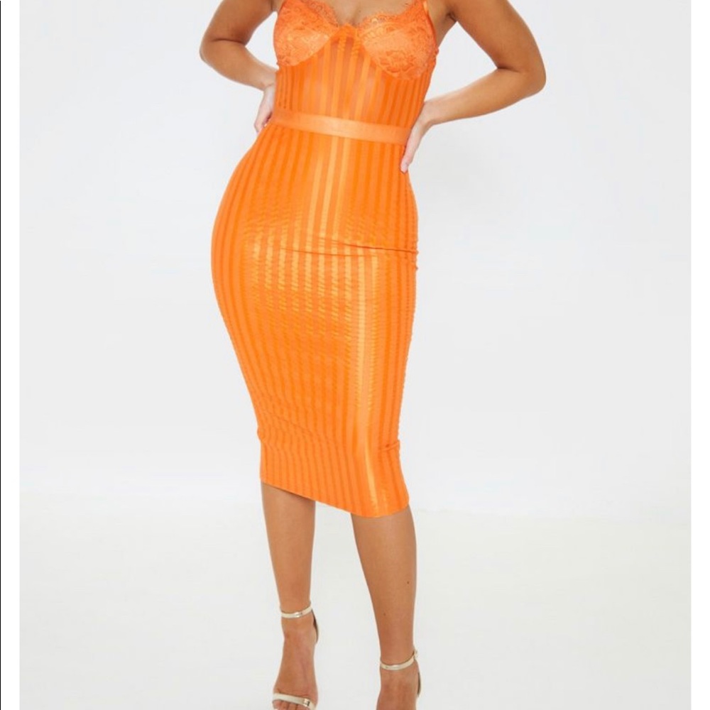 Pretty little thing orange striped lace midi dress